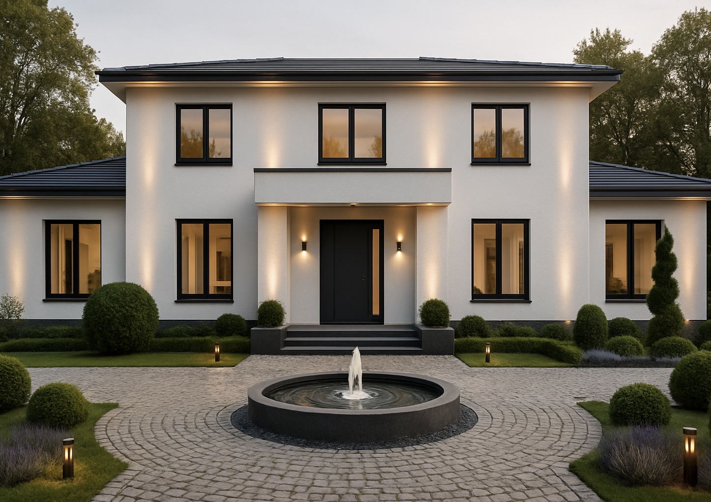 nenco GmbH - Luxuriöse moderne Villa mit Brunnen bei Abenddämmerung