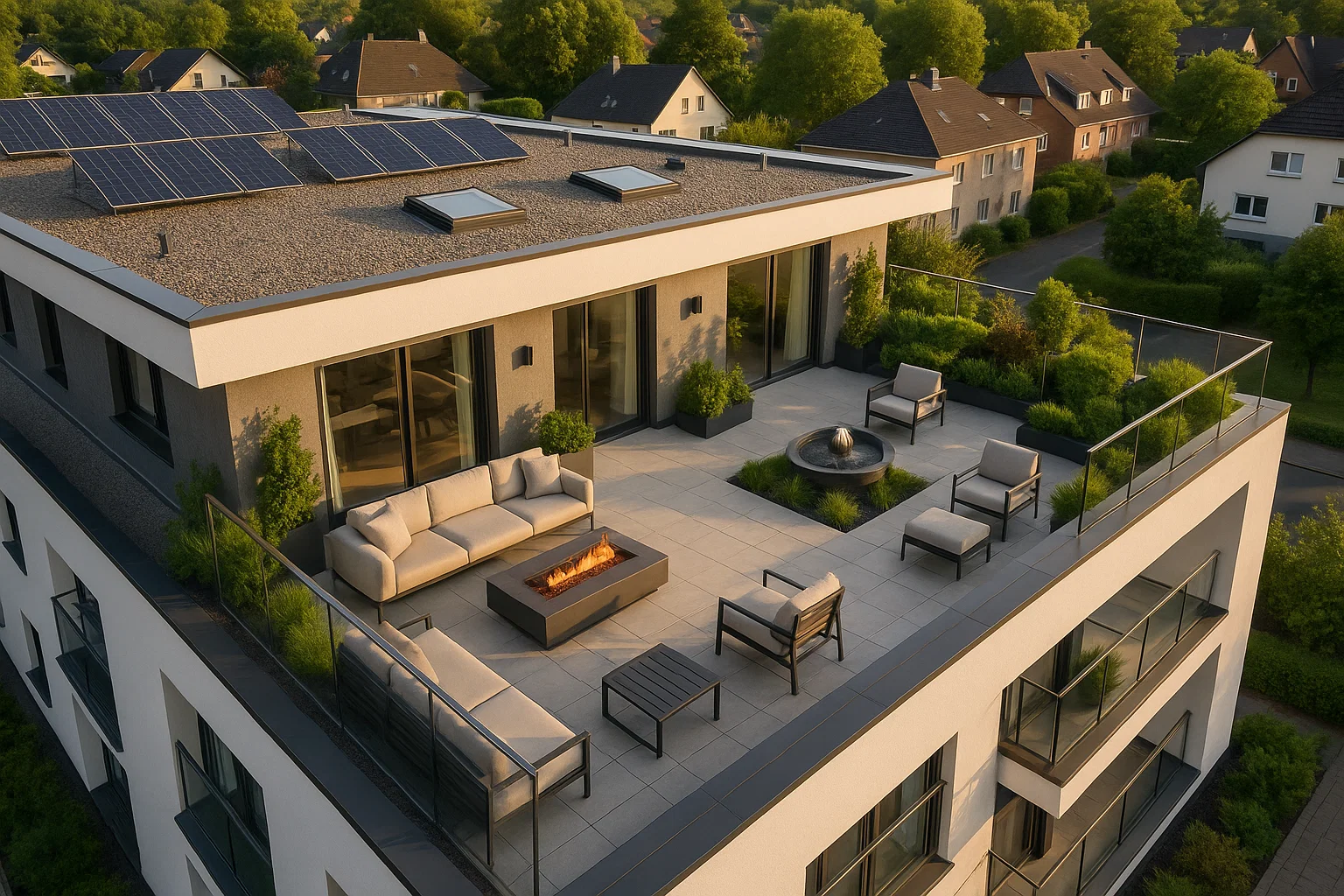 Modernes Gebäude mit Dachterrasse und Solaranlagen